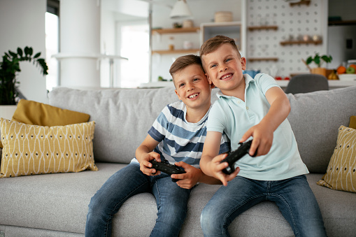 Happy brothers playing video games. Young brothers having fun while playing video games in living room.