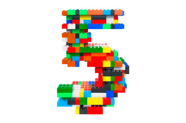 Number 5 from colorful building toy blocks, 3D rendering isolated on white background