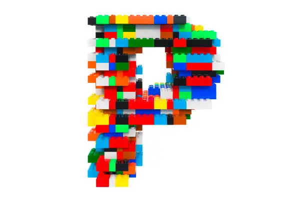 Letter P from colorful building toy blocks, 3D rendering isolated on white background