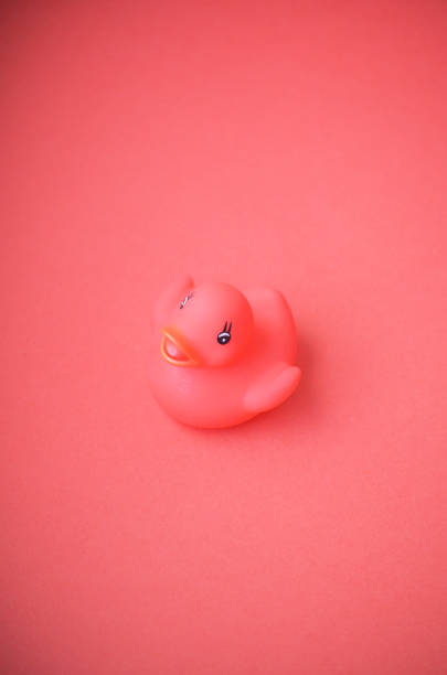 istock Isolated peach pink toy rubber duck on a same color background 1279692275