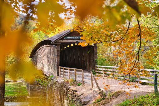 A colorful October fall shot of the covered bridge in Covington Virginia.