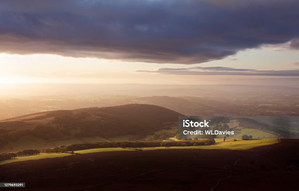 Rural Welsh landscape Rolling landscape in the Brecon Beacons national park in morning light, Wales South Wales Stock Photo