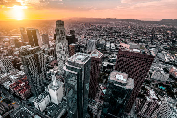 istock Fantastic sunset over Los Angeles financial district 1279694723