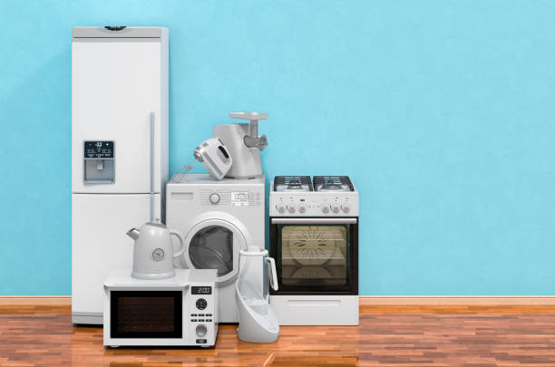 istock Modern kitchen appliances in room on the wooden floor, 3D rendering 1279695620