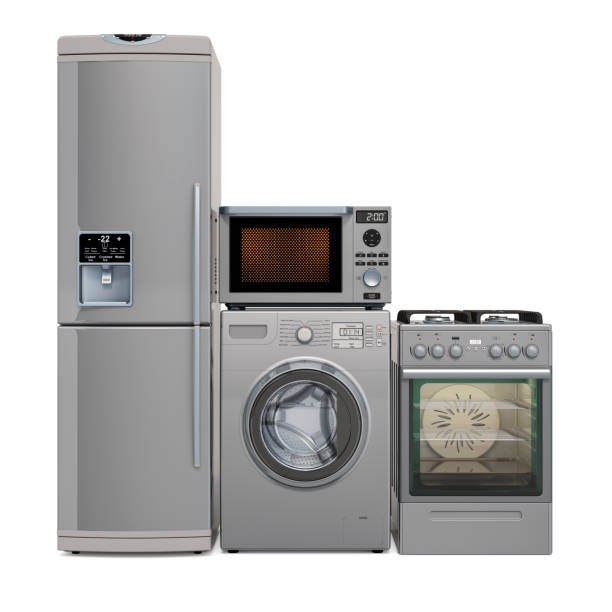 istock Set of silver kitchen appliances. Washing machine, fridge, gas range, microwave oven. 3D rendering isolated on white background 1279695622