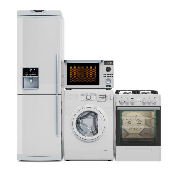istock Kitchen appliances. Washing machine, fridge, gas range, microwave oven. 3D rendering isolated on white background 1279695675