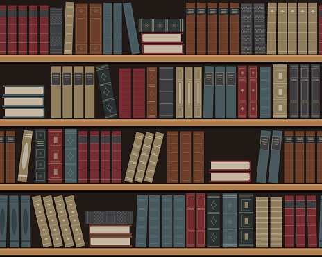 Bookshelves with books. Seamless background. Old books on the shelves. Library of retro books. Bookstore. Vector illustration. Flat style.