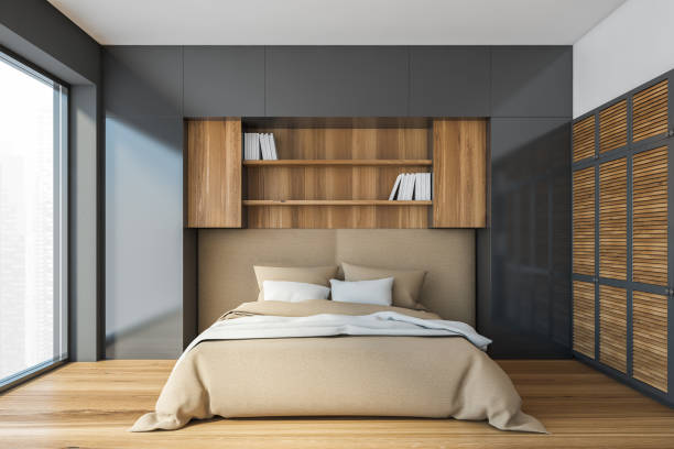 istock Stylish gray and wooden bedroom interior, front view 1279699305