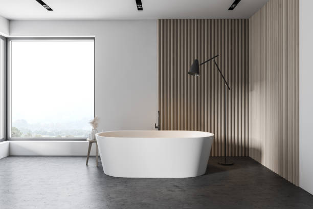 istock White and wooden bathroom with tub 1279700179