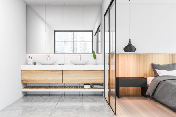 istock White and wooden bedroom and bathroom 1279700486