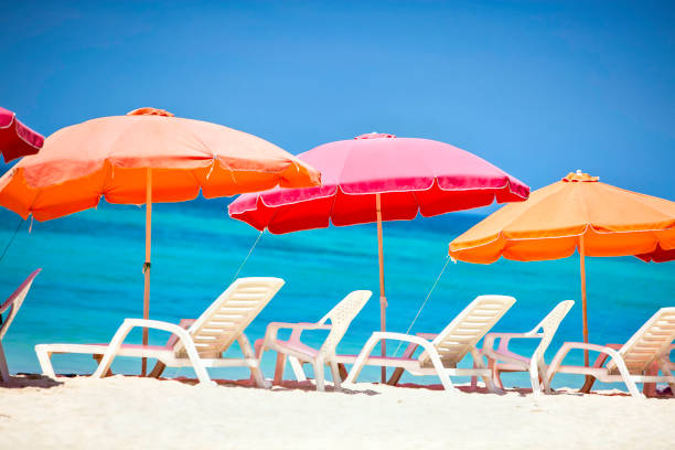 istock Chairs and umbrellas at Aruba island white sand beach 1279703374