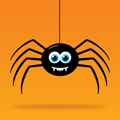 Vector illustration of a cute smiling spider hanging above his shadow on an orange background.