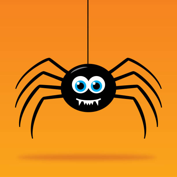 Cute Dangling Cartoon Spider Vector illustration of a cute smiling spider hanging above his shadow on an orange background. animal leg stock illustrations