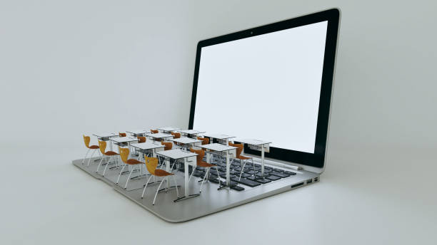 istock Digital classroom concept for online education. modern classroom desks on the laptops keyboard. 3D rendering 1279707231