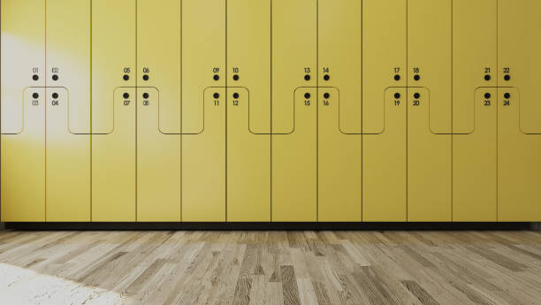 istock Yellow wooden numbered Student locker in modern empty classroom 3D rendering. 1279707233