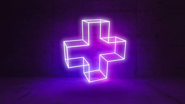 Plus sign concept illuminated by led neon light 3D rendering stock photo