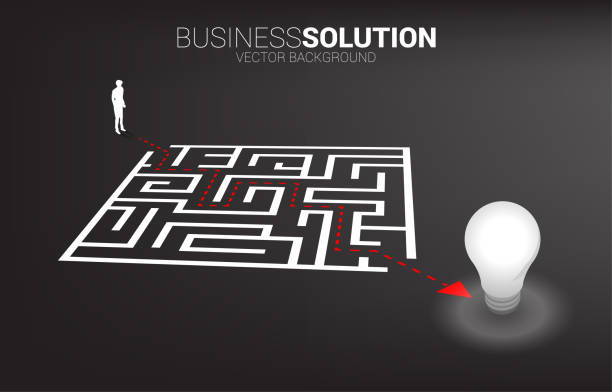 istock Silhouette of businessman with route path to exit the maze to light bulb. 1279708162