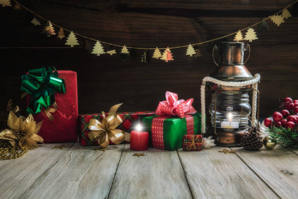 Christmas lights and decoration with presents making a frame with copy space. Christmas themes.