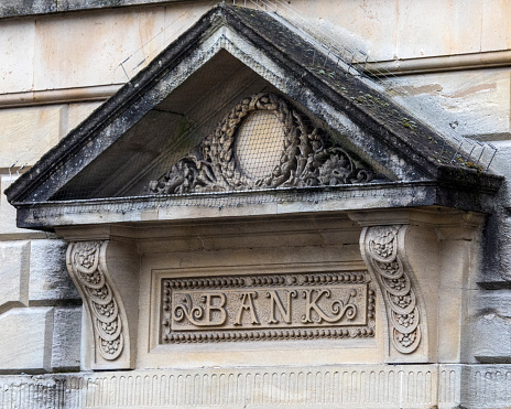 Close-up of a vintage Bank sign in the town of Shepton Mallet in Somerset, UK.