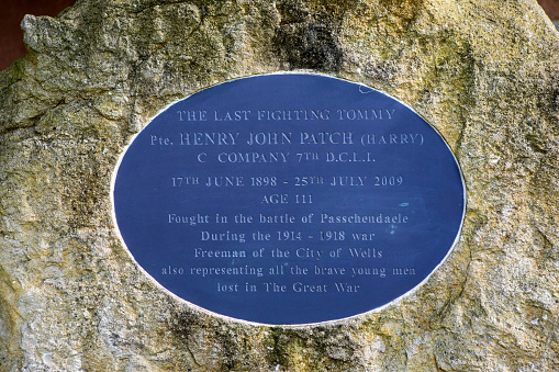 Wells, UK - March 16th 2020: Memorial to Henry John Patch, also known as Harry Patch - the last survivor of the trenches in the 1st World War, in Wells in Somerset, UK.