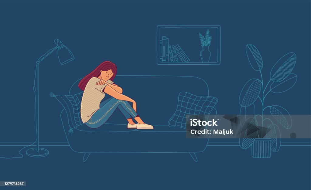 Psy01-40 Depressed young woman sitting on sofa in room at night vector illustration. Loneliness and depression. Vector flat female character. Outline interior on background Women stock vector