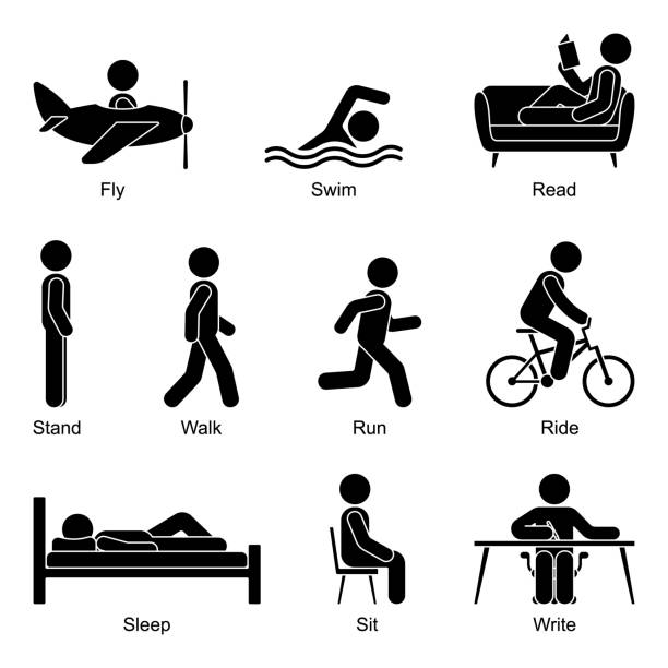 ilustrações de stock, clip art, desenhos animados e ícones de young active cut out stick figure man flying, swimming, reading, standing, walking, going, running, riding, sleeping, sitting, writing vector illustration pictogram icon set on white background - silhouette swimming action adult