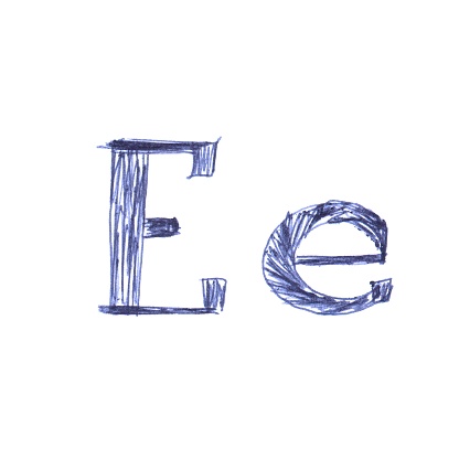 Ee - letter of the alphabet drawn by hand with a blue ballpoint pen. A unique font.