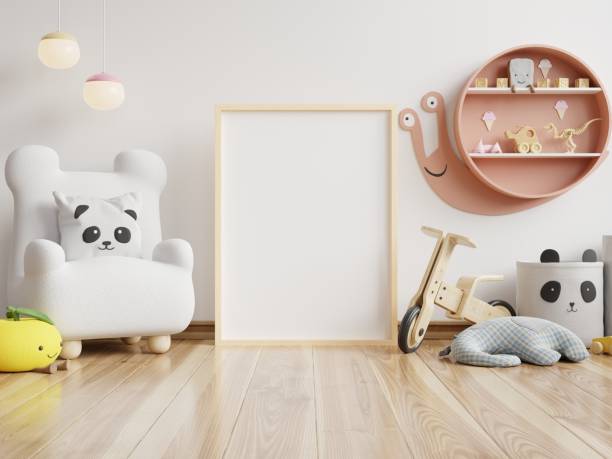 istock Mock up posters in child room interior, posters on empty white wall background. 1279726724