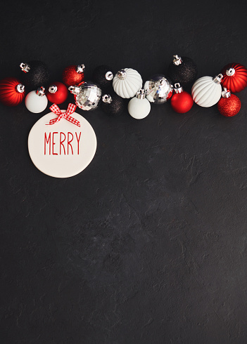 Modern Christmas Background with Red White and Black Christmas Decorations and Merry Message