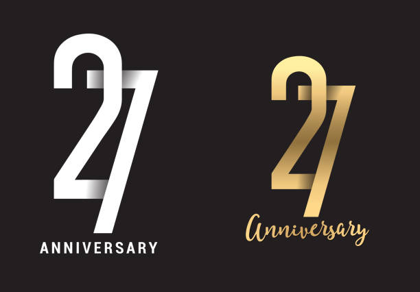 27 years anniversary celebration logo design. Anniversary logo Paper cut letter and elegance golden color isolated on black background, vector design for celebration, invitation card, and greeting 27 years anniversary celebration logo design. Anniversary logo Paper cut letter and elegance golden color isolated on black background, vector design for celebration, invitation card, and greeting number 27 stock illustrations