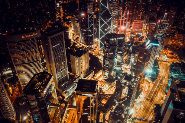 istock Top view at central district in Hong Kong at night 1279728380