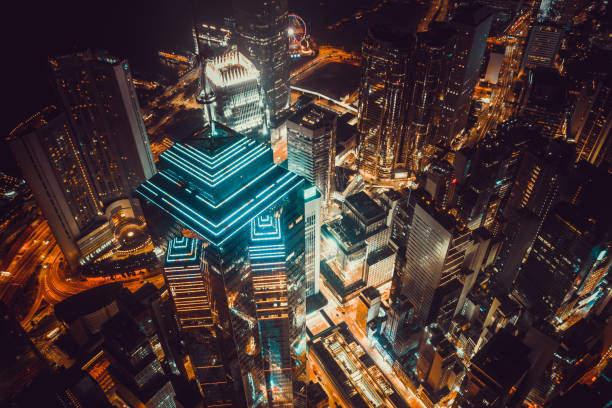 istock Panorama view at central district in Hong Kong at night 1279728496