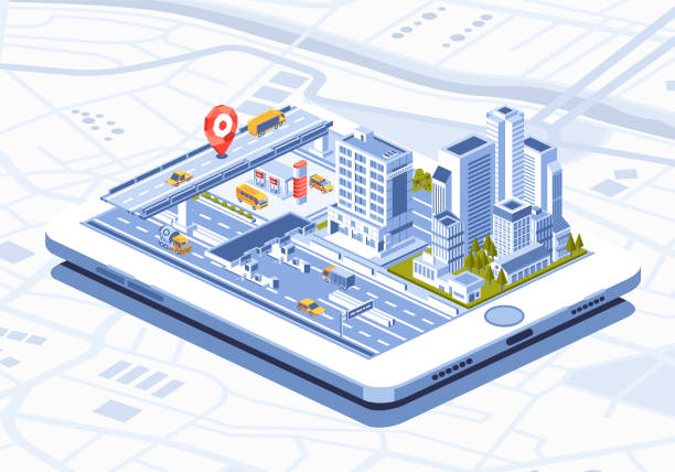 isometric illustration of smart city mobile app on tablet isometric illustration of smart city mobile app on tablet. used for info graphic, landing page, and other. isometric smart city stock illustrations