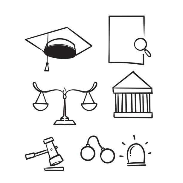 handgezeichnete rechts- und gerechtigkeitsliniensymbole setzen vektor-illustration. doodle-skizze - law weight scale legal system gavel stock-grafiken, -clipart, -cartoons und -symbole