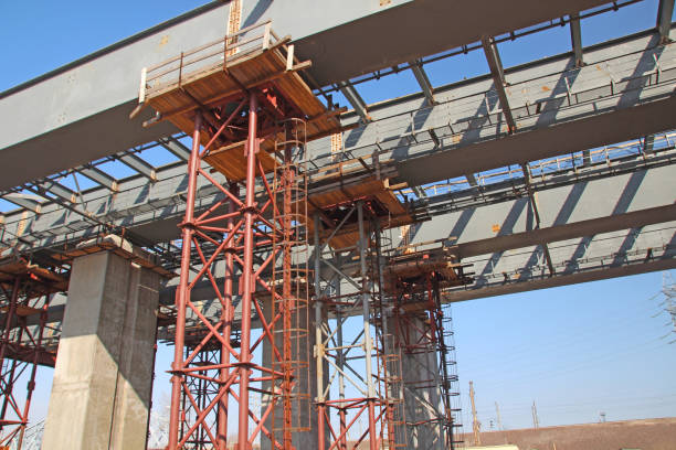 istock Construction site, metal construction, a bridge is being built against the blue sky. 1279728804