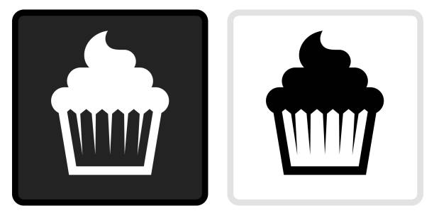 значок кекса на черной кнопке с белым опрокидыванием - cupcake stock illustrations