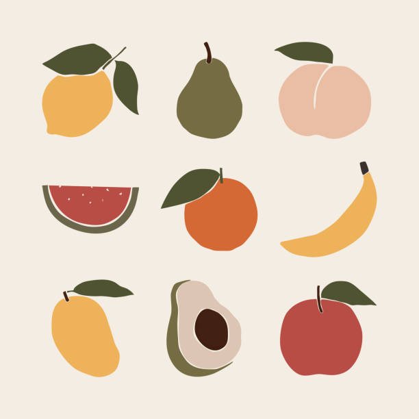 ilustraciones, imágenes clip art, dibujos animados e iconos de stock de fruta abstracta forma elementos de impresión de arte. ilustración minimalista de limón, pera, melocotón, sandía, naranja, plátano, mango, aguacate y vector de manzana. - apple sign food silhouette