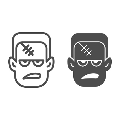 Frankenstein line and solid icon, Halloween concept, monster face sign on white background, Halloween Frankenstein monster icon in outline style for mobile concept and web design. Vector graphics