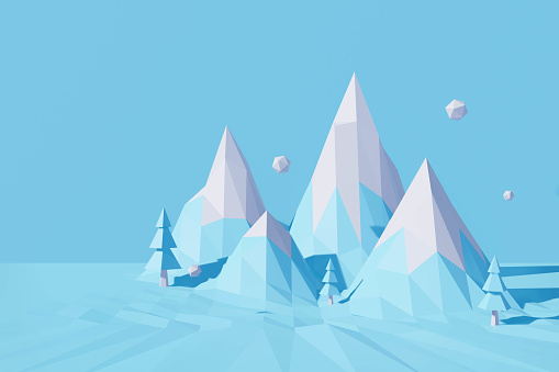Abstract low poly mountain trees. 3d blue of polygon background landscape. 3d rendering Christmas and Happy New Year on pastel background for winter holiday greeting card, mockup.