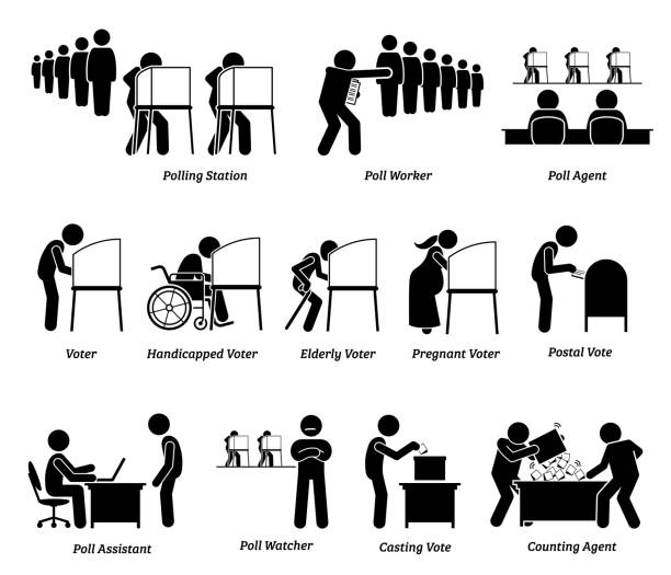 Voters voting at polling station place during presidential election signs and symbols. Vector illustration of people casting their votes and workers working at federal election day. counting votes stock illustrations