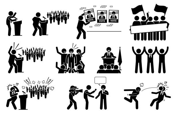Politic candidate rally during presidential election campaign. Vector illustration of a president or prime minister giving speech and supporters giving supports to their political party. angry crowd stock illustrations