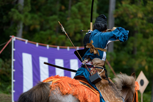 Demonstration of Yabusame(Japanese traditional horse archery).Horse track at Hirosaki city Aomori prefecture,Japan.