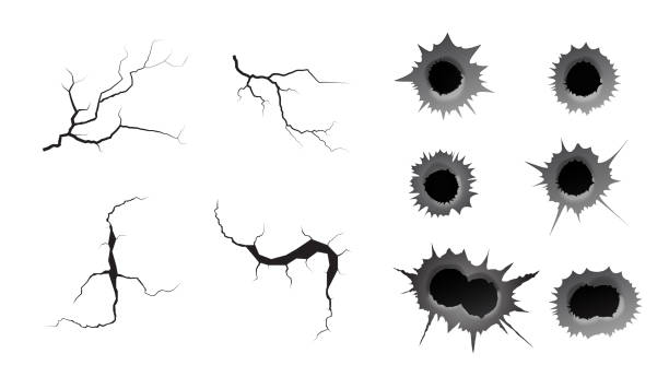 ilustrações, clipart, desenhos animados e ícones de buraco de bala e rachaduras no chão. metal único e duplo buraco de bala, efeito de dano. terremoto e rachaduras no solo, craquelure e textura de parede danificada. ilustrações de vetores para tópicos terremoto, acidente, destruição - bullet hole hole glass destruction