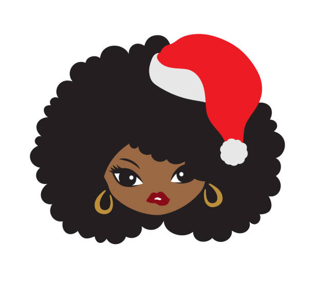 bildbanksillustrationer, clip art samt tecknat material och ikoner med svart flicka med afro hår och jul santa hat vector - tomtekvinna