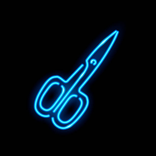 istock Neon icon of blue scissors isolated on black background. Beauty salon, manicure, pedicure, hairstyle, barber tool concept. Night signboard style. Vector 10 EPS illustration. 1279739749