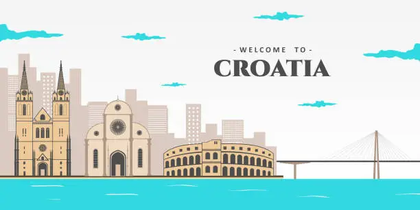 Vector illustration of Panorama view of Croatia city landscape. Great view at famous european travel destination city of Dubrovnik. Summer vacation concept. UNESCO world heritage site. Discover the beauty of earth.