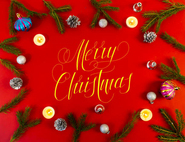 istock Christmas card, banner, flatlay with text - Merry Christmas on a red background 1279747306