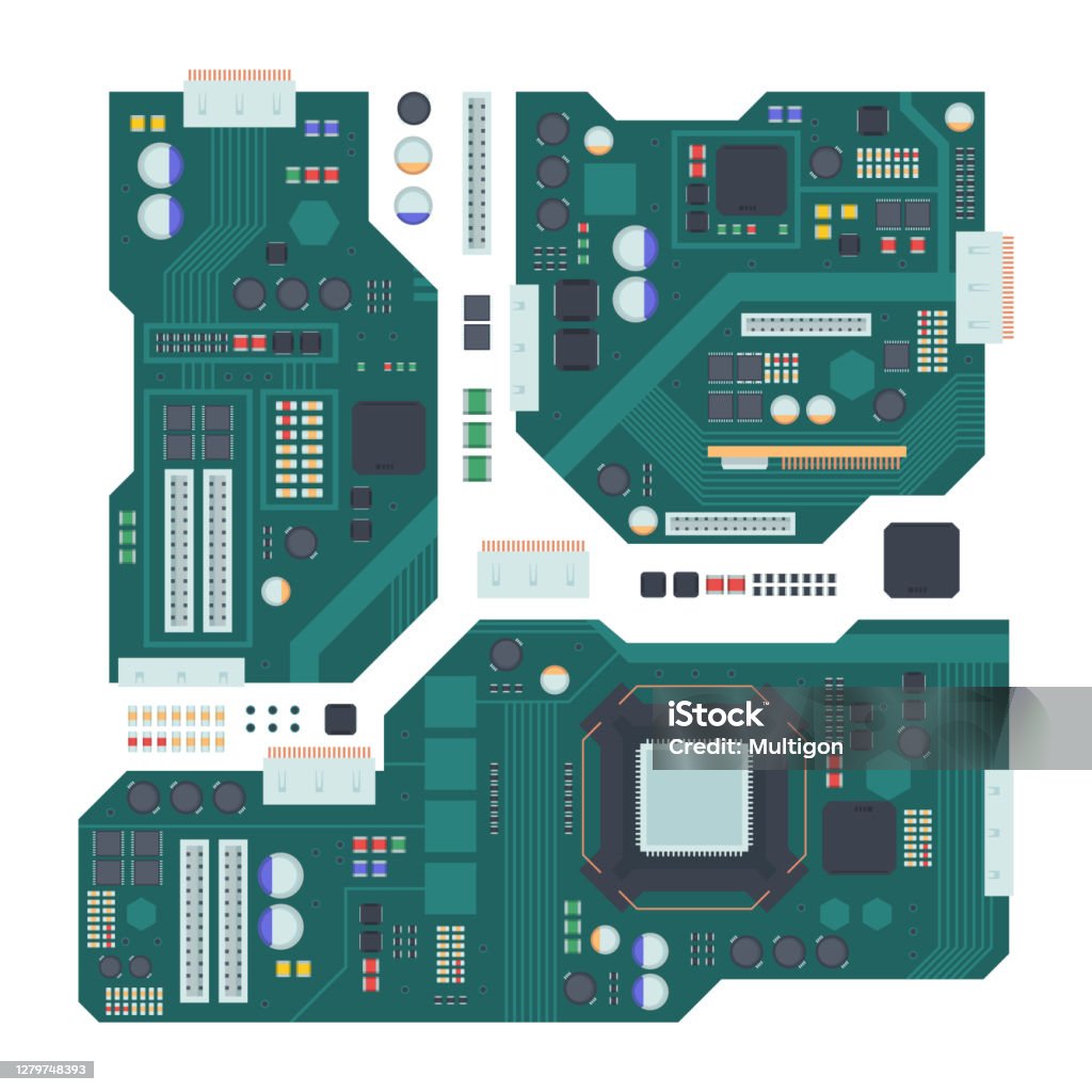 Computer Parts Display Board Design Computer Motherboard Illustration Green Panel With Compartment For ...