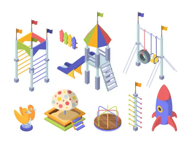 Vector illustration of Rides playground color isometric set. Toy rocket obstacle course for kids slippers with wooden steps rainbow roof large sandbox with plastic cartoon mushroom mechanical carousel. Vector isometry.
