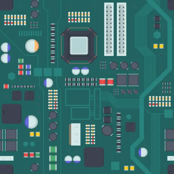 Vector illustration of Computer motherboard seamless pattern. Board green with inputs connecting plata electronic red microchips integrated yellow semiconductors compartment central processor capacitors. Vector pattern.